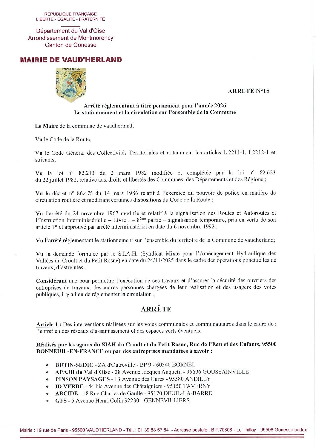 Arrêté permanent pour le stationnement et la circulation sur l’ensemble de la commune